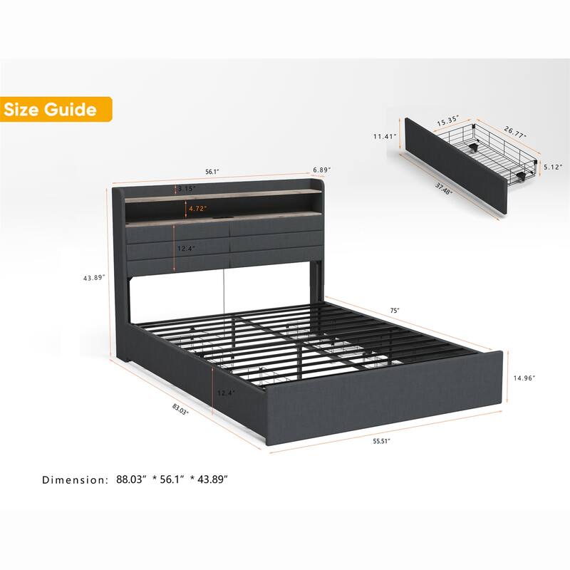 Full/Queen Size LED Upholstered Platform Bed w/ Drawers,Charging Station