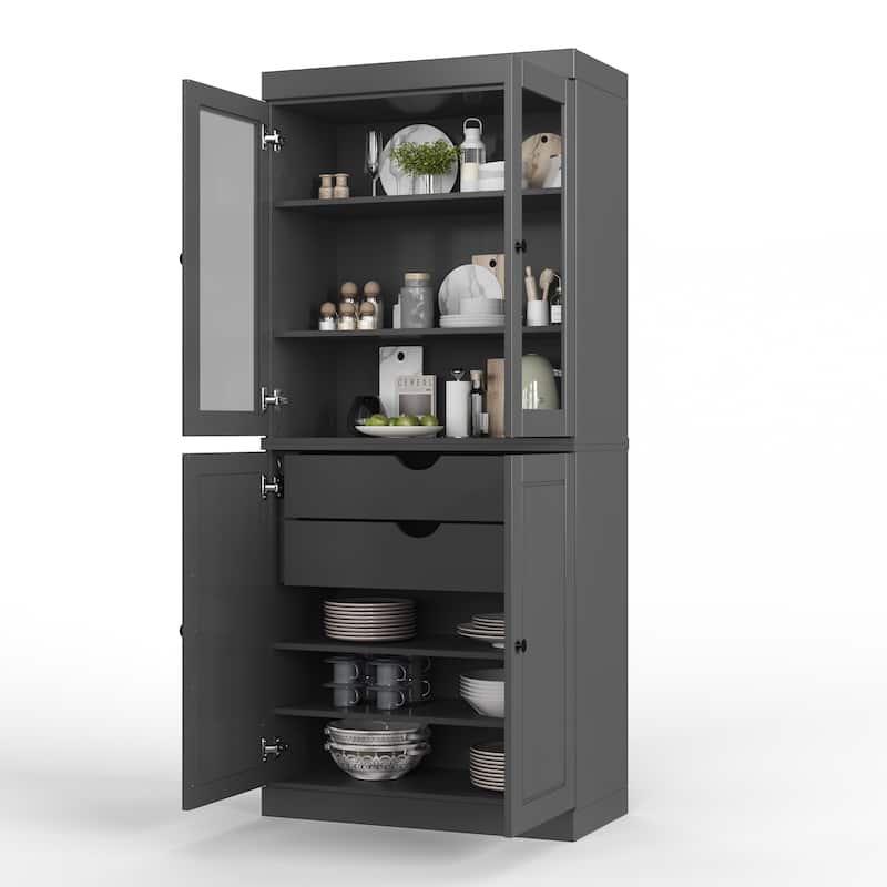 Palace Imports 100% Solid Wood Pantry Cabinet with Frosted, Clear Glass or Solid Doors, 2-Drawers and Adjustable Shelves