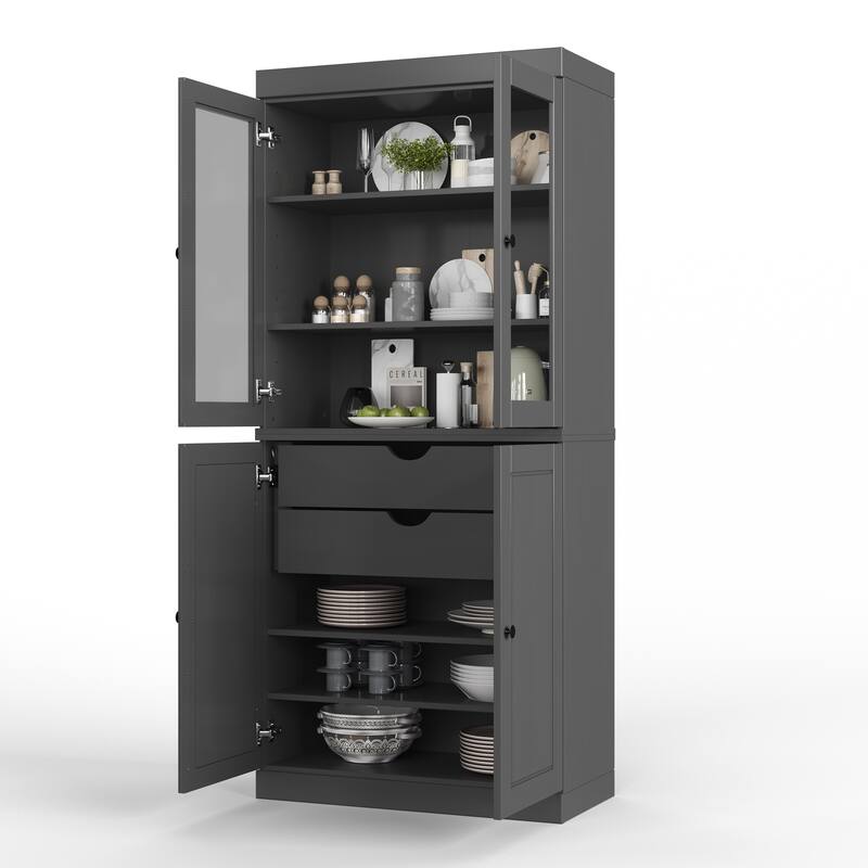 Palace Imports Solid Wood Pantry Cabinet, Raised Panel & Clear Glass Doors, 2 Drawers, Adjustable Shelves