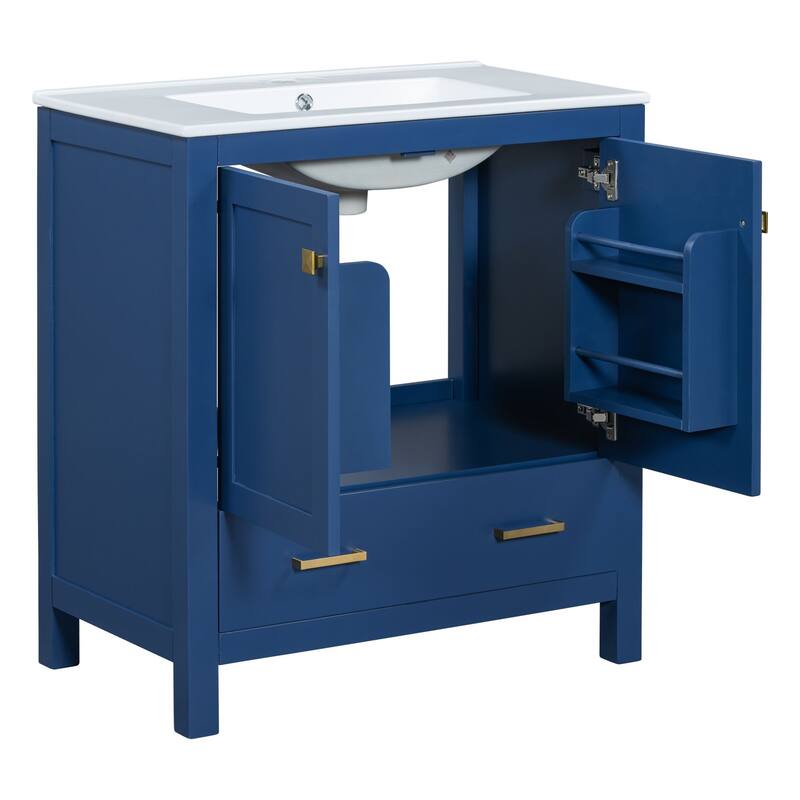 30 Inch Freestanding Bathroom Vanity with Rectangular Ceramic Sink, Two Doors, and Storage Drawer - Elegant Finish