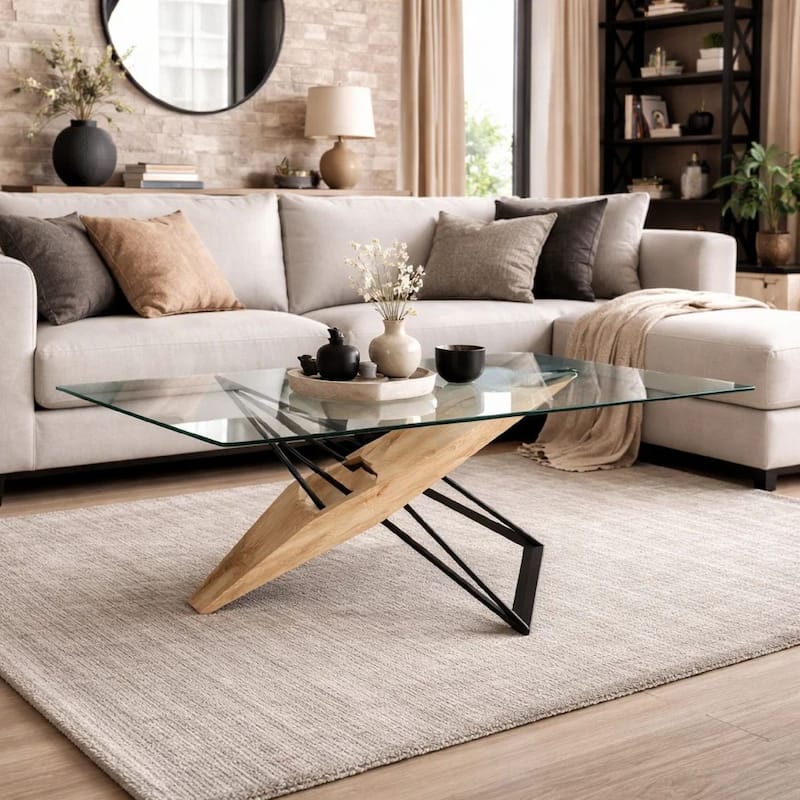 Aeon 72 Inch Dining Table, Glass Top, Wood, Metal Base, Brown, Black