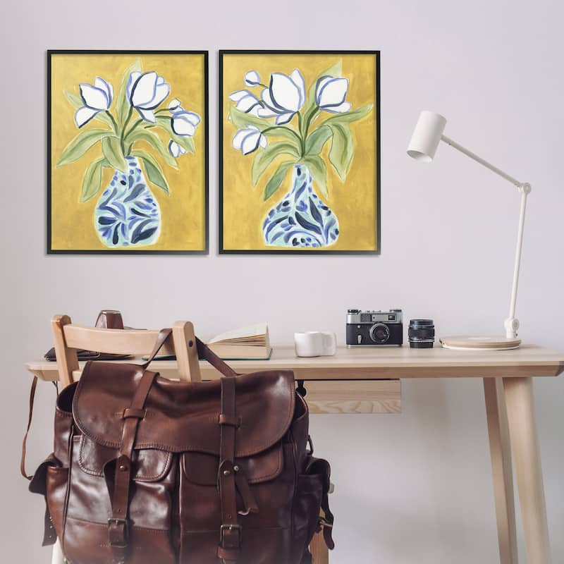 Stupell Tulip Vases on Yellow Framed Giclee Art Design By June Erica Vess (Set of 2)