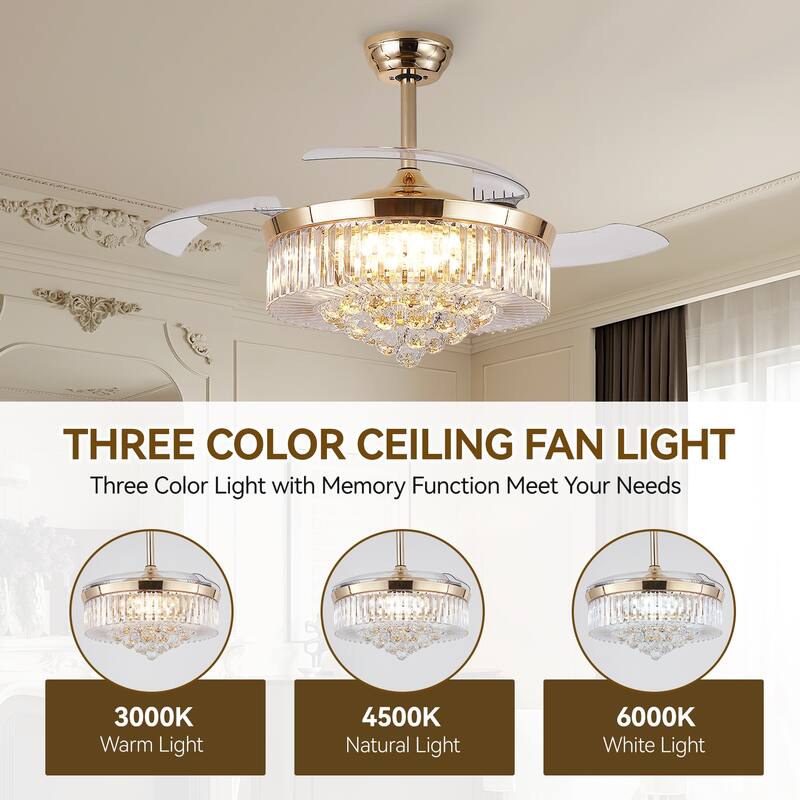 Kviflon 48'' Retractable Ceiling Fan with Lights and Remote 6 Speed, 3 Light Change Retractable Blade Chandelier Ceiling Fan