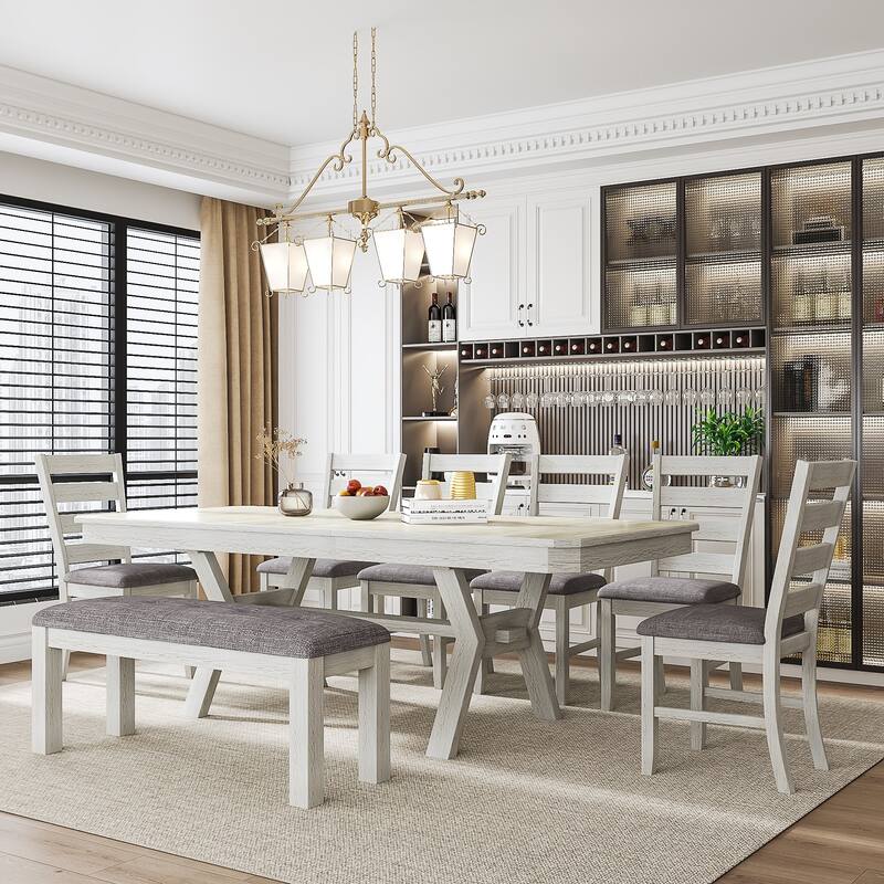 VECELO Dining Table Set with Bench, Solid Wood Rectangular Extendable Dining Table and Chairs Set for 6-8