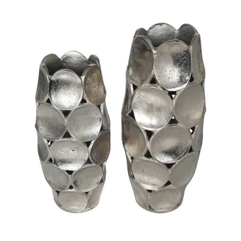 Aluminum Metal Geometric Open Framed Decorative Vase with Circular Plates - Set of 2 Gold or Silver - Roche River Decor - Silver - 13", 11"H