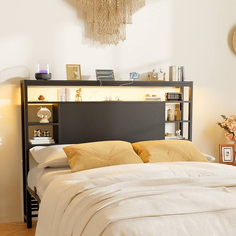 Headboards with Storage Shelves, Head Board with Power Outlet and LED Light for Bed Frame - Black - Full