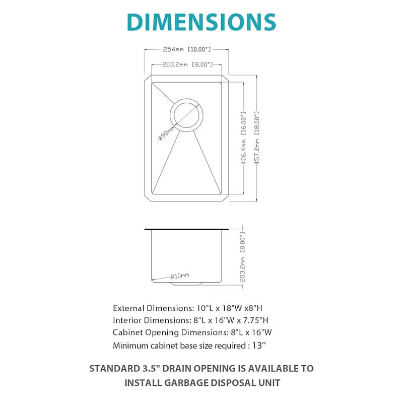 10 Inch Undermount Sink 10"x18"x8" Stainless Steel Kitchen Sink 16 Gauge 8 Inch Deep Single Bowl Kitchen Sink Basin