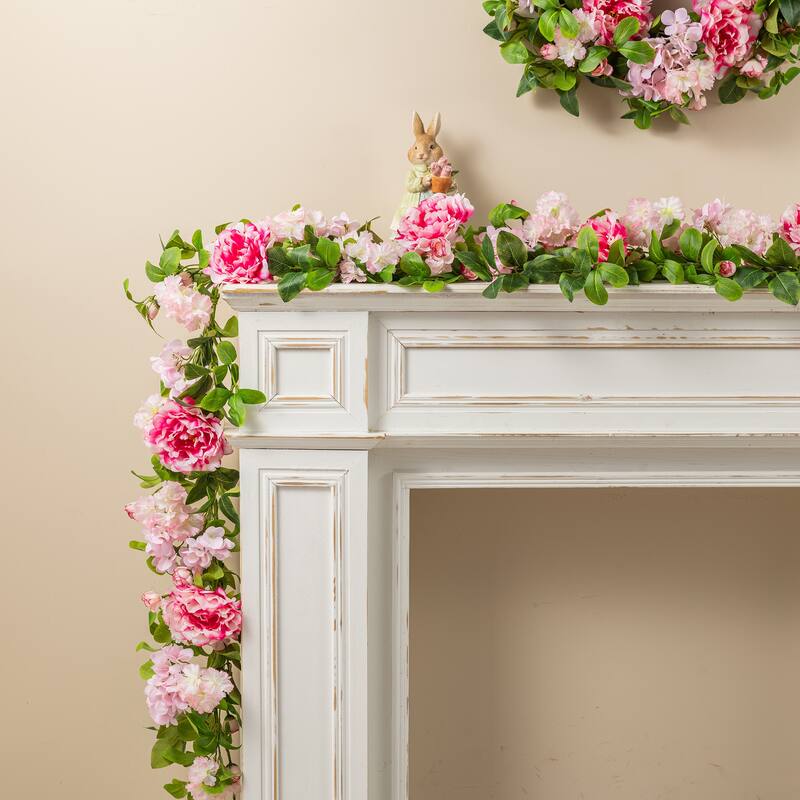 Glitzhome Pink Hydrangea, Peony & Cherry Wreath Garland