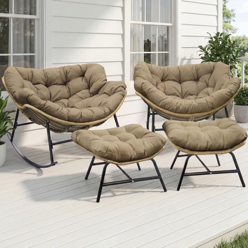 Oversized Indoor Outdoor Royal Papasan Rocking Chair, Patio Egg Rocker with Cushions, 450 lb Capacity - 4 PCS-Brown