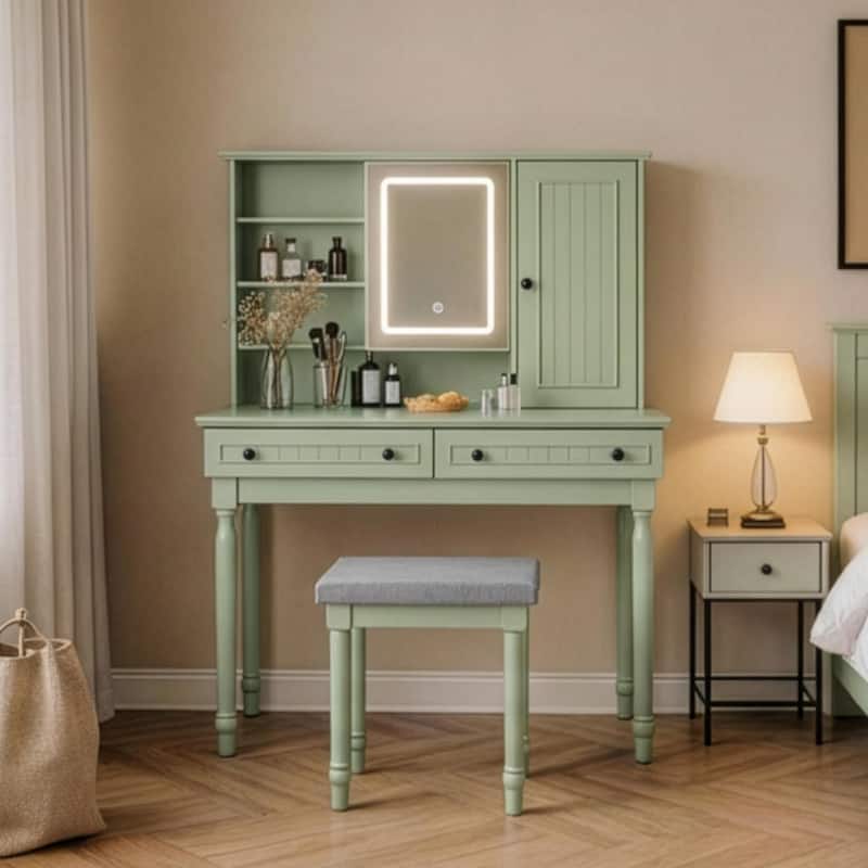 Vanity Desk with Adjustable Lighted Mirror & Upholstered Stool