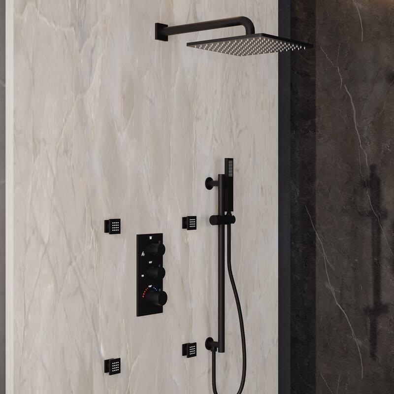Thermostatic 3-Spray 12 in. Wall Mount Fixed and Handheld Dual Shower Head 2.5 GPM with 4-Body Jets and Adjustable Slide Bar