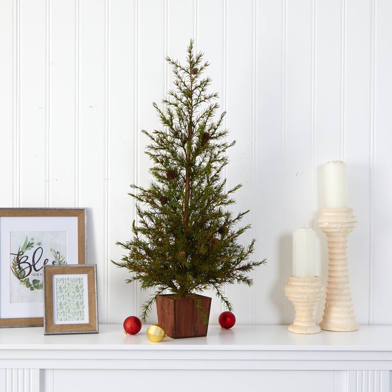3ft. Alpine Look Artificial Christmas Tree in Wood Planter with Pine Cones - Rustic Holiday X-Mas Accent