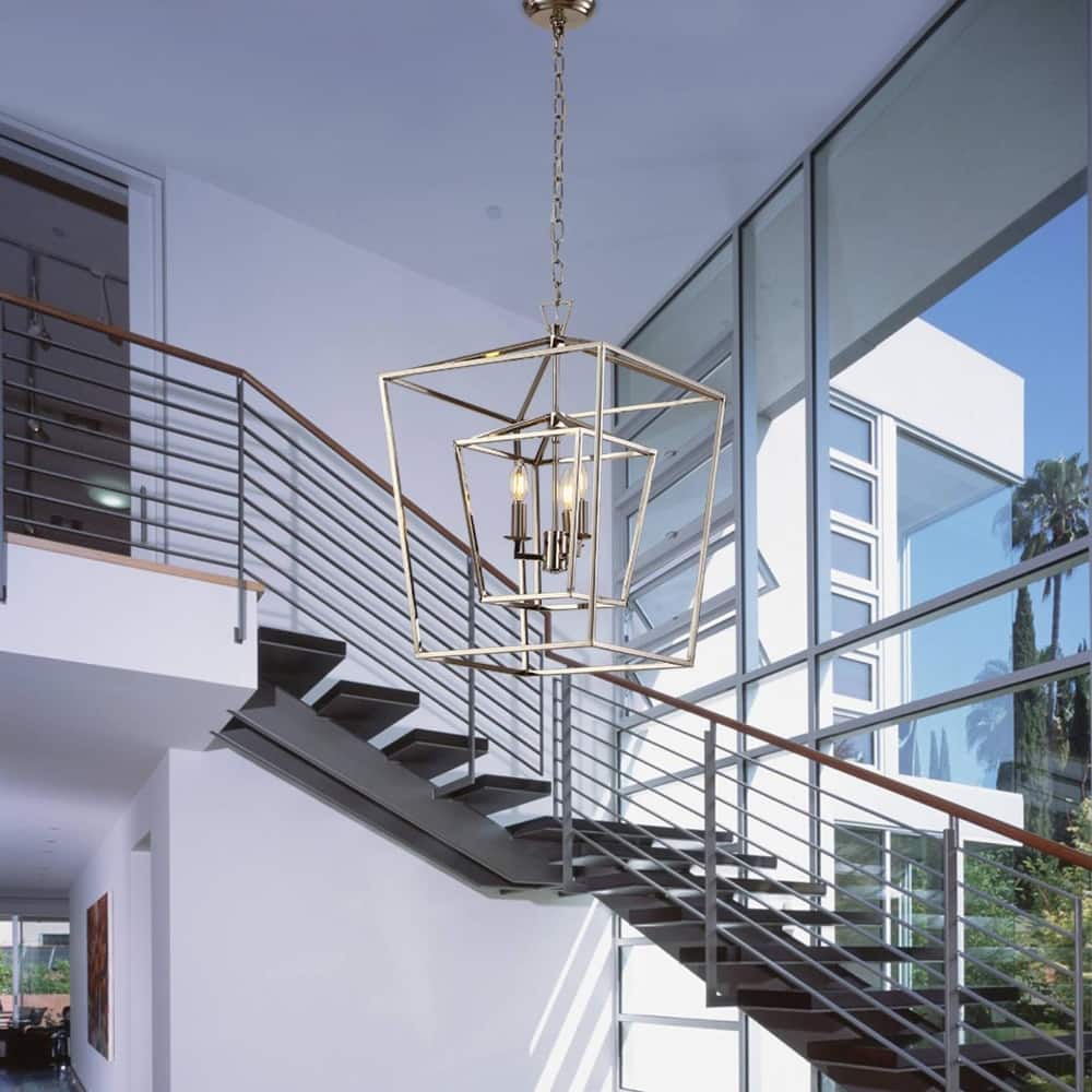 Large Open Cage Silver Chrome Geometric Lantern New Age Big High Ceiling Chandelier