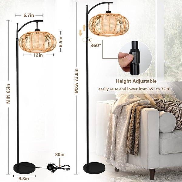 Arc Floor Lamps Rattan Boho Floor Lamp with Remote Control Floor Standing Lamp Wicker Lamp Shade Rustic Dimmable Modern LED Black