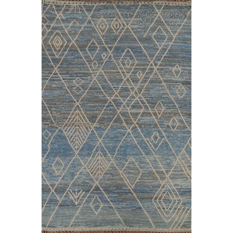 Moroccan Rug Hand-Knotted Blue Abstract Wool Carpet - 7'2"x 10'11"