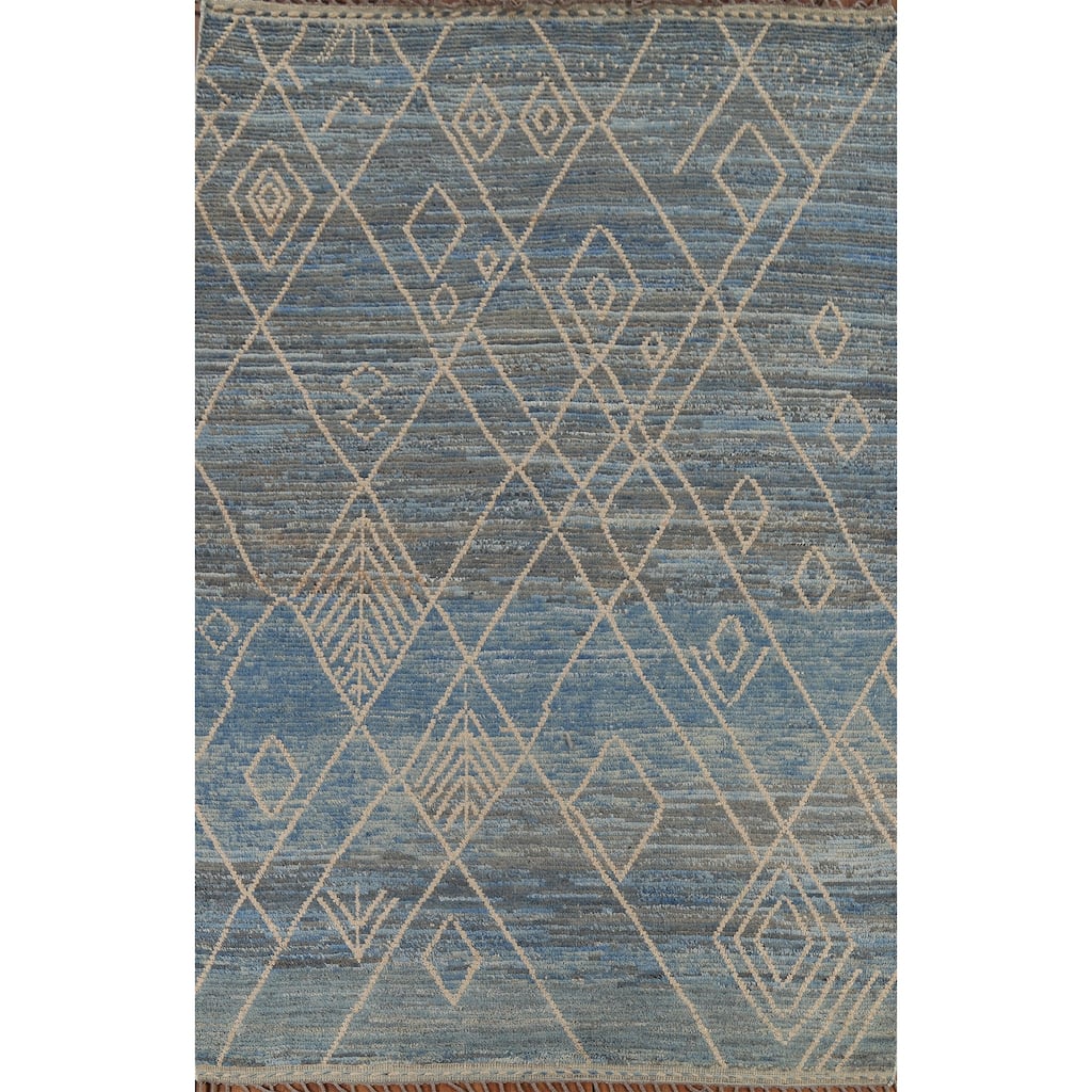 Moroccan Rug Hand-Knotted Blue Abstract Wool Carpet - 7'2"x 10'11"