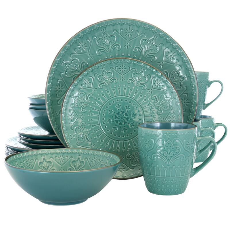 Intricate Emobssed Pattern in Seafoam Green Round Stoneware Dinnerware Set 16 Pieces - Green - 16 Piece