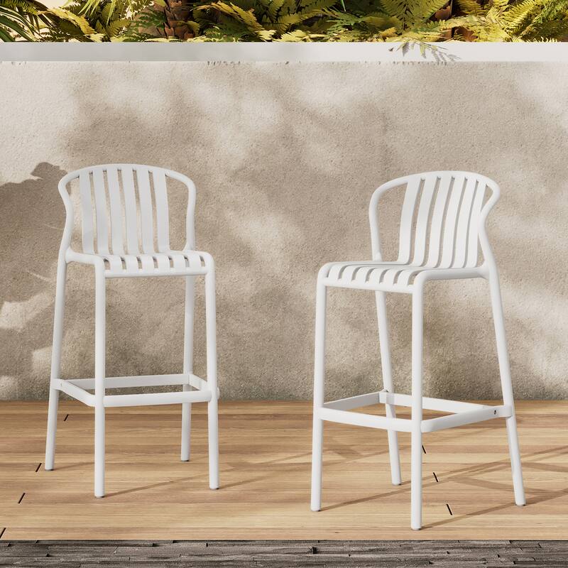 Roomfitters Outdoor Patio Perforated Slat Back Bar Stools, All-Weather Set of 2 - White