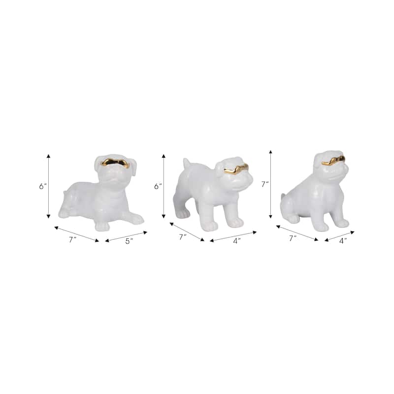 Sagebrook Home Ceramic Pugs Figurines 7" Dogs With Sunglasses in White, Set of 3 - 7" x 3" x 6"