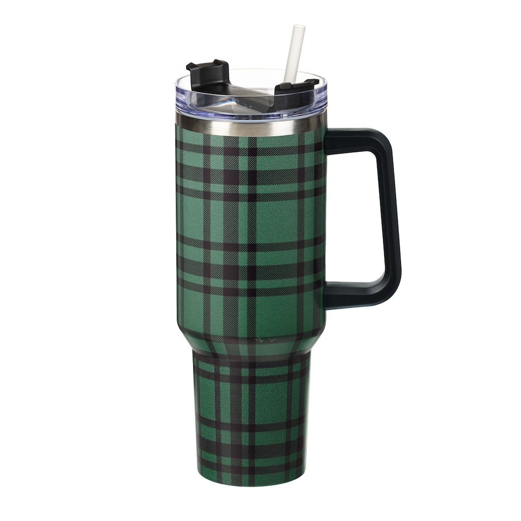 Green Plaid Canyon Cup, Double Wall Stainless Steel w/ Straw, 40oz, Gift Box - 40oz