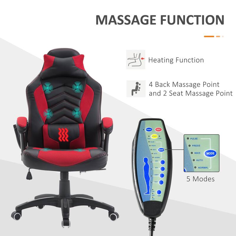 Faux Leather Gaming Chair with 6-Point Massage, Heating and 135° Recline