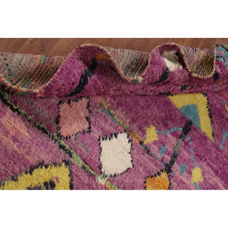 Purple Geometric Plush Moroccan Area Rug Handmade Wool Carpet - 6'1" x 9'9"