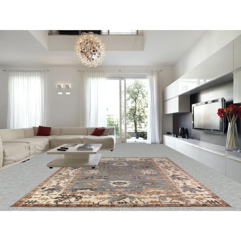 Gray Ivory Oushak Indian Large Rug Hand-Knotted Wool Carpet - 10'2" x 13'11"