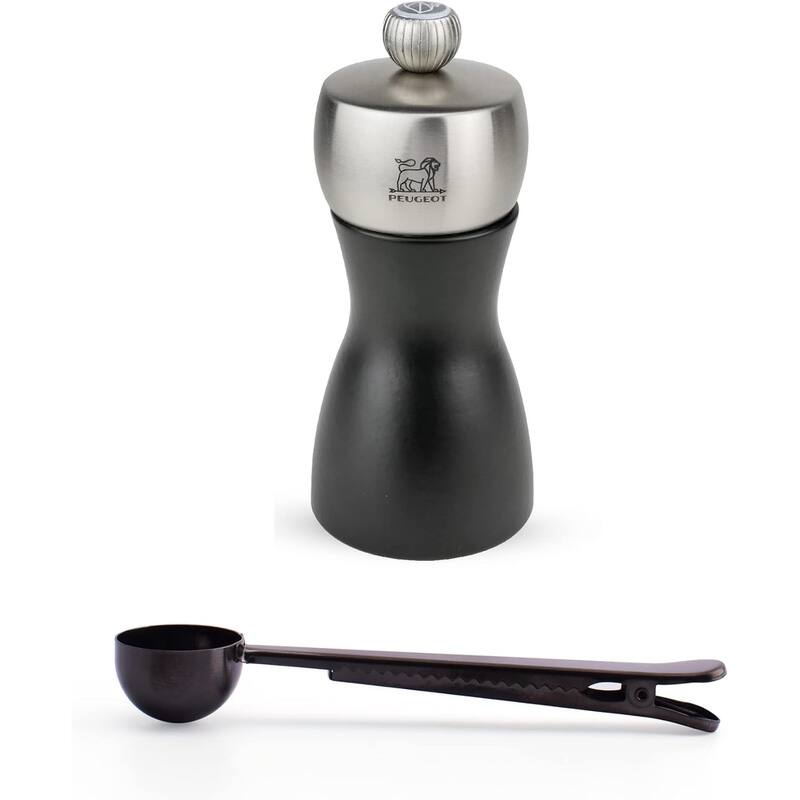 Peugeot Fidji 4.75 Inch Salt Mill Gift Set, Black Matte - With Stainless Steel Spice Scoop & Clip - Black - 2 Piece