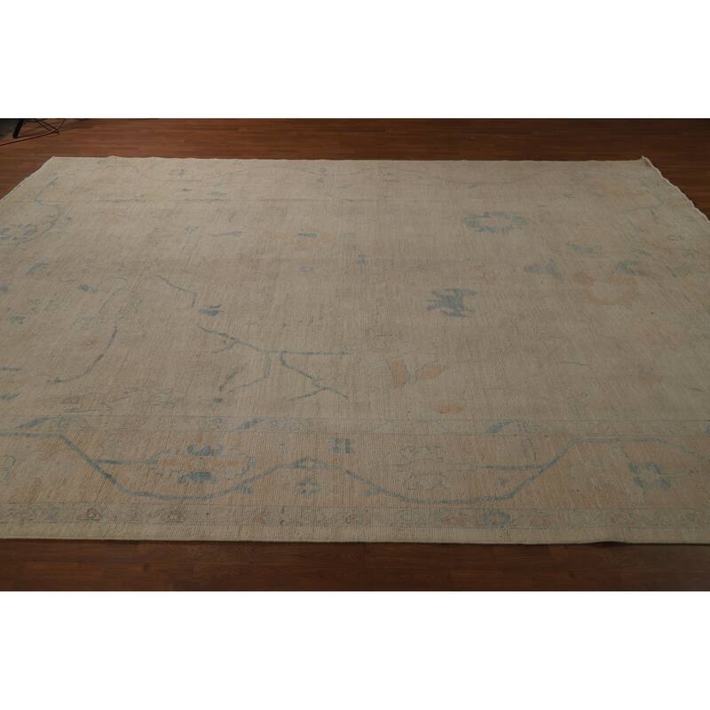 Vegetable Dye Oushak Turkish Area Rug Hand-Knotted Beige Wool Carpet - 8'11"x 11'10"