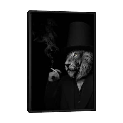 iCanvas "Man In The Form Of A Lion Person Black And White Smoking" by Adrian Vieriu Framed