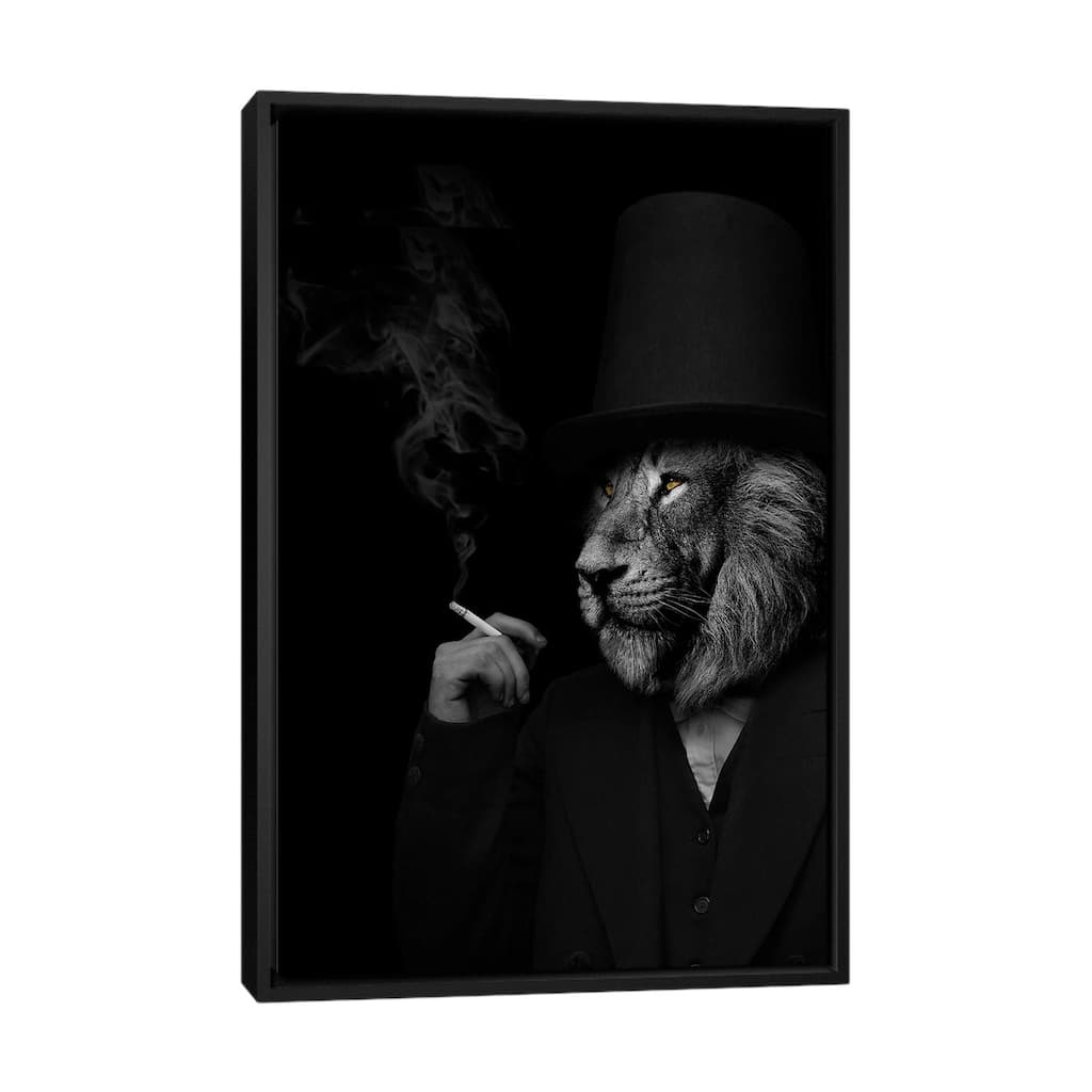 iCanvas "Man In The Form Of A Lion Person Black And White Smoking" by Adrian Vieriu Framed