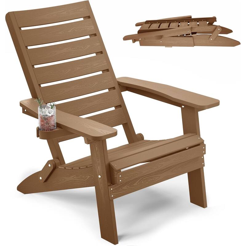 WINSOON HIPS Folding Adirondack Chairs with Arc Back & Cup Holder - Teak