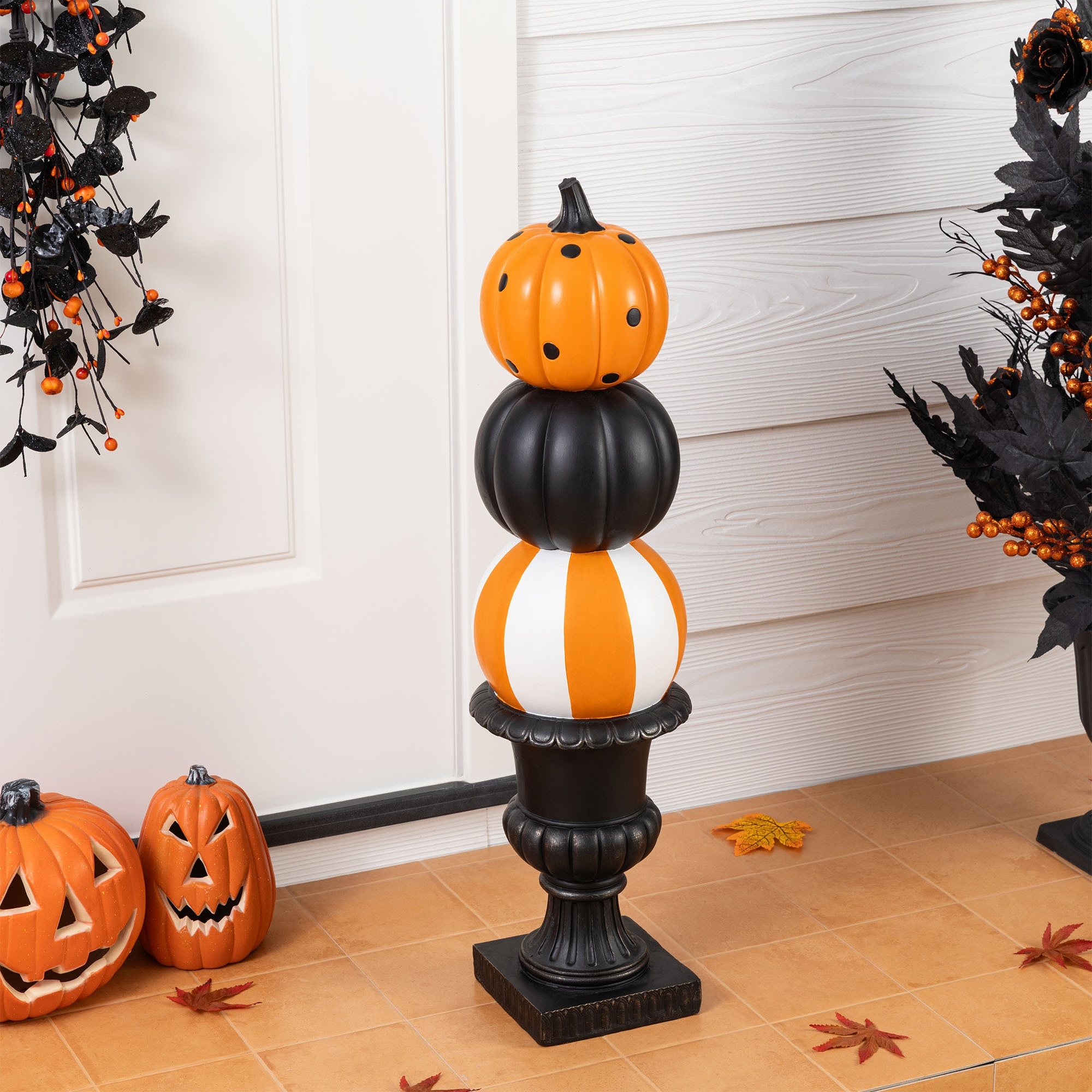Glitzhome 2.3ft Halloween MGO Stacked Pumpkin with Black Urn Porch Decor