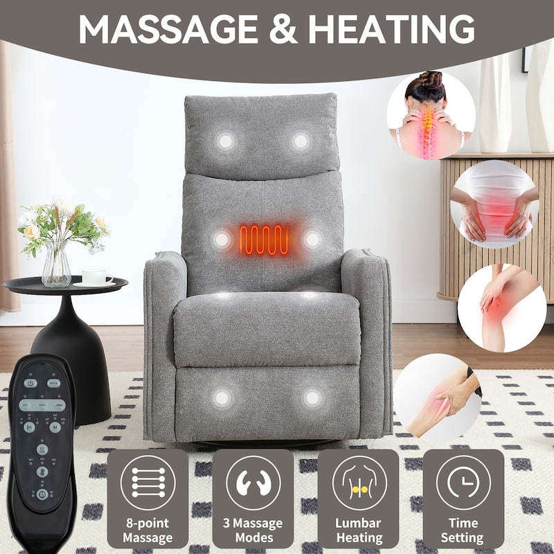 Fabric Recliner Chair with Heat, Massage, 360° Swivel Base, Adjustable Backrest, and Lumbar Support for Living Room Comfort