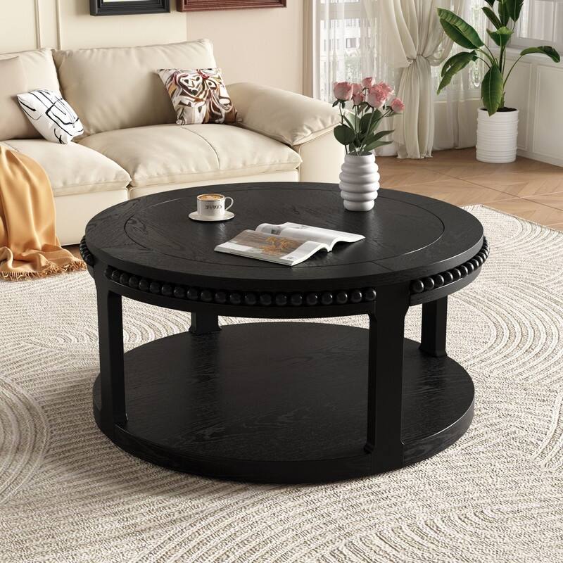 Round Solid Wood Coffee Table, Two-Tier Design with Sturdy Construction for Living Room Elegance