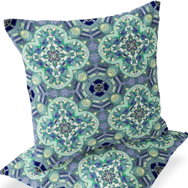 HomeRoots Set of Two 16" X 16" Blue and Green Blown Seam Floral Indoor Outdoor Throw Pillow - 16.00' X '16.00' X '5.00