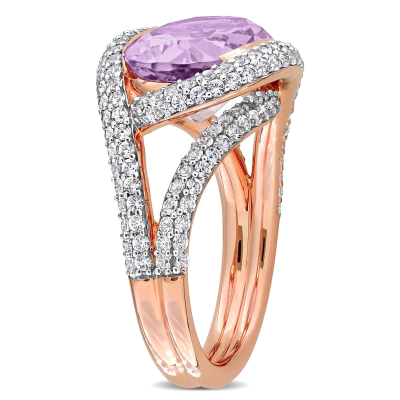 Miadora 7ct TGW Pink Amethyst and Created Whtie Sapphire Halo Crossover Ring in Rose Plated Sterling Silver