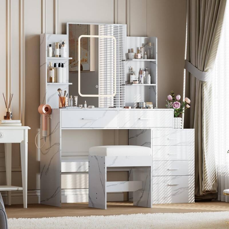Makeup Vanity with Mirror, 6 Drawers, Shelves, Charging Ports, Hairdryer Holder, Stool - Marble White