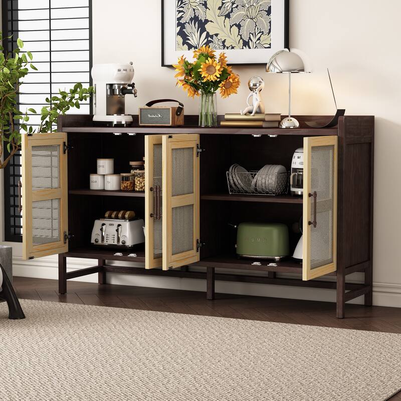Natural Walnut Buffet Sideboard Storage Cabinet, Rattan Doors Accent Cabinet Console Table for Dining Room Living Room - Natural Walnut
