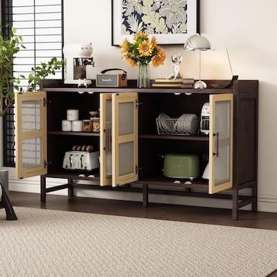 Natural Walnut Buffet Sideboard Storage Cabinet, Rattan Doors Accent Cabinet Console Table for Dining Room Living Room
