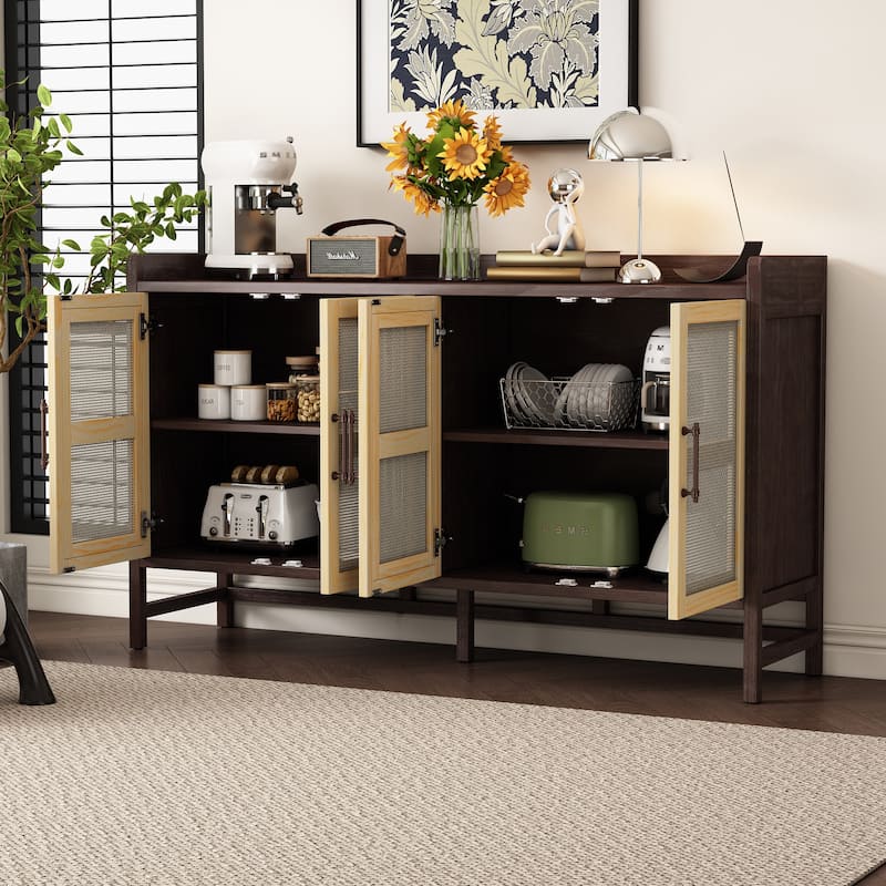 Rustic Sideboard Buffet Cabinet with Decorative Rattan Doors