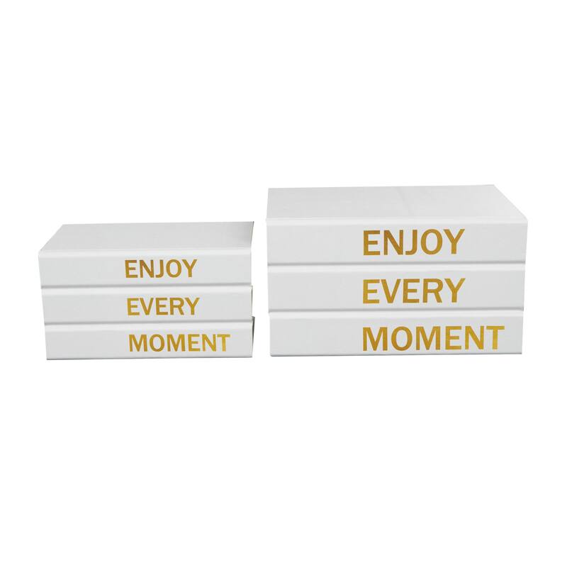 White or Black Canvas Faux Storage Book Box with Gold or White Enjoy, Every, Moment Text (Set of 2)