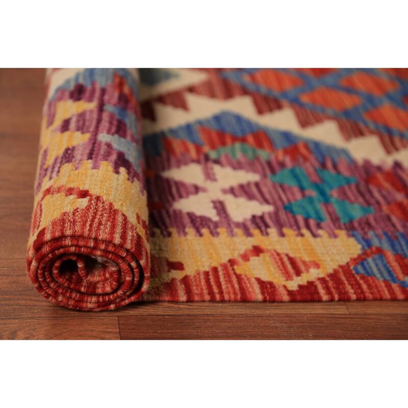 Colorful Kilim Oriental Area Rug Flatweave Orange Wool Carpet - 7'9"x 10'2"