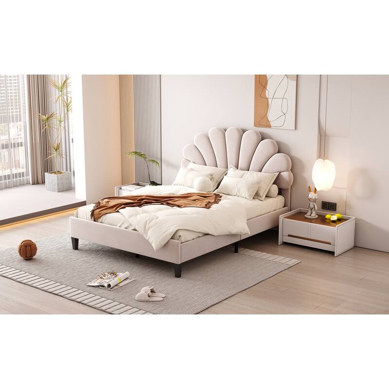 Beige Full Platform Bed in Velvet with Floral Pattern Headboard and Sturdy Wood Frame