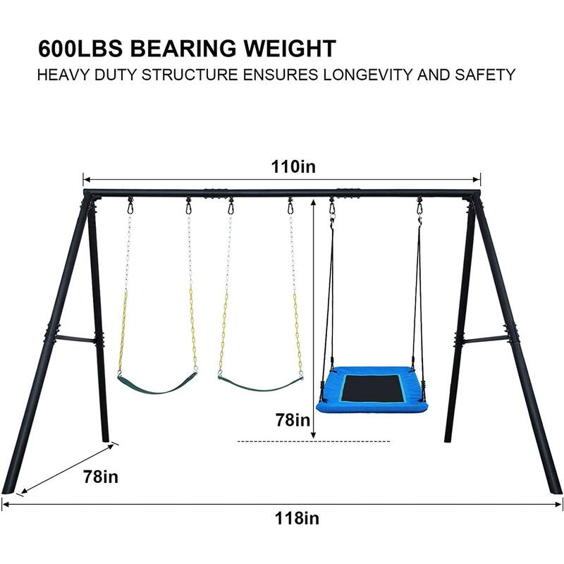 Hapfan 7.3ft Tall 600lb Heavy Duty Swing Set with 1 Platform Swing, 2 Belt Swings,A Frame Metal Swing Set