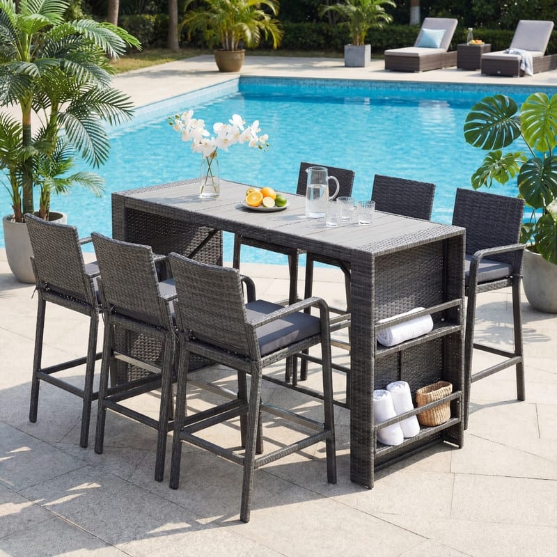 5/7-Piece Outdoor Wicker Bar Height Patio Dining Set, PE Rattan High Top Table with Storage & Bar Stool - 7 PCS-Dark Grey
