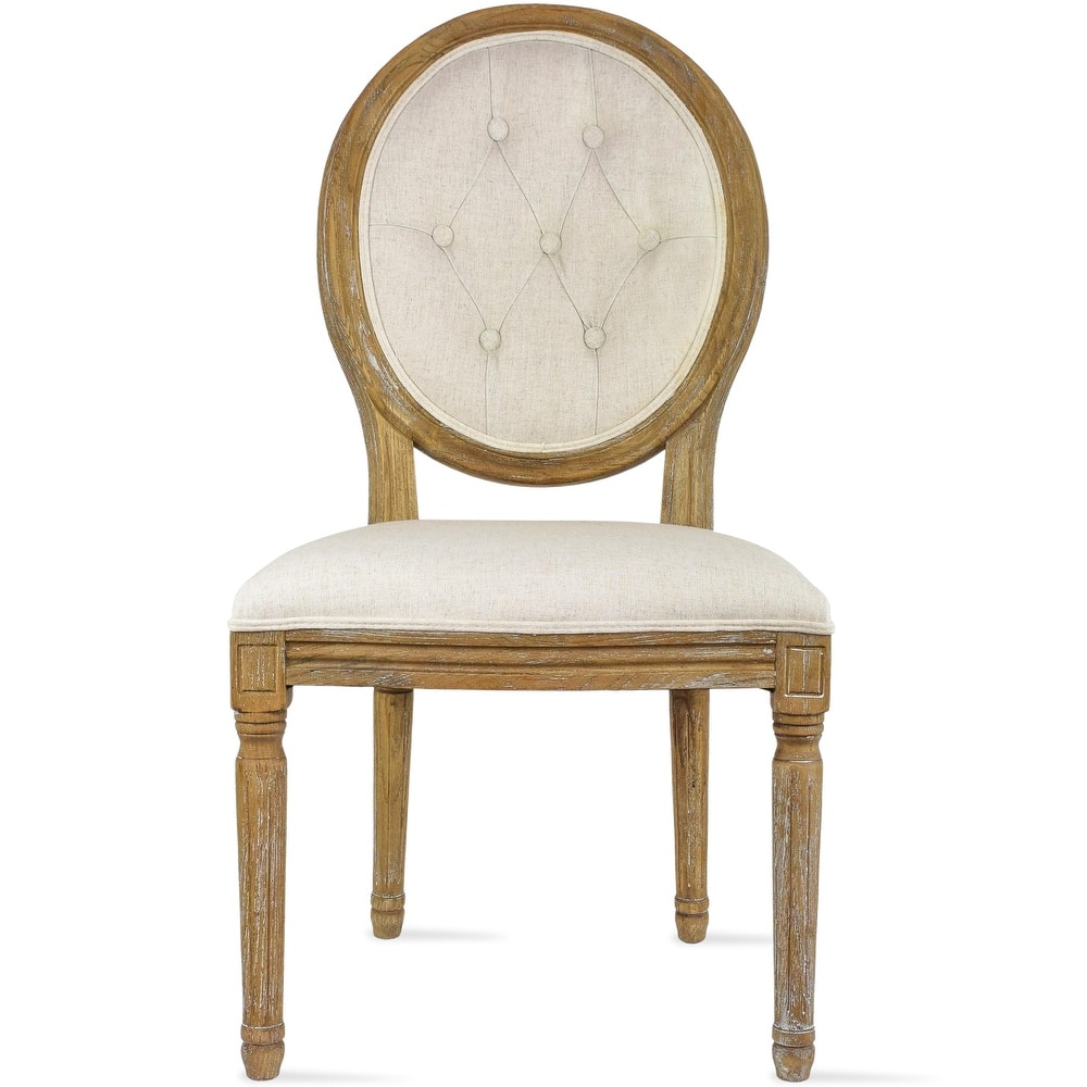French Chic Vintage Dining Side Chair With Upholstered Linen Welted Fabric And Elegant Natural Rustic Wood Frame