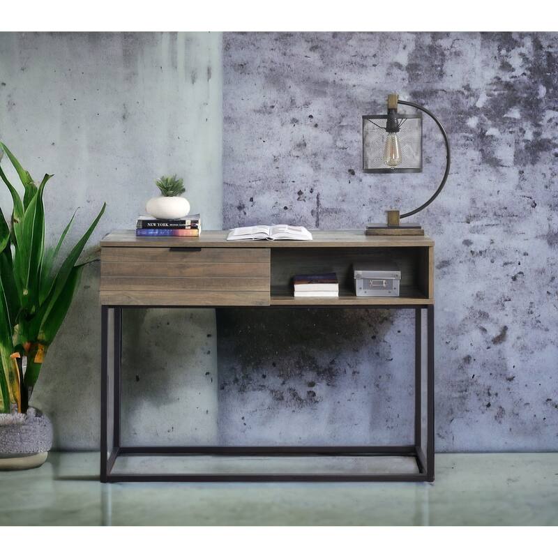 Industrial Style Writing Desk, Powder-Coated Metal Base, and Self-Closing Storage Compartment for Office Use - Oak