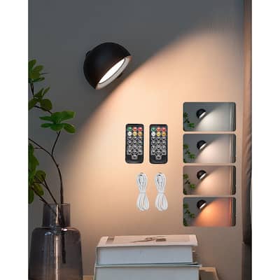 Black Rechargeable 2PCS LED Wall Sconces with 360 Rotation, Dimmable Light - 6.42 x 3.66 x 4.02 in
