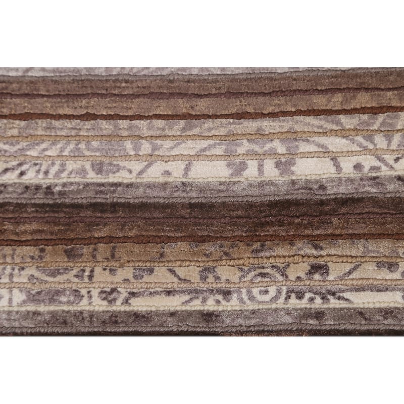 Striped Abstract Accent Rug Handmade Beige Wool Carpet - 2'8"x 4'8"